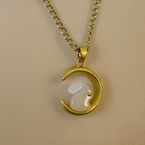 Gold White Jade Gold Eye Rabbit on the Moon Pendant Necklace